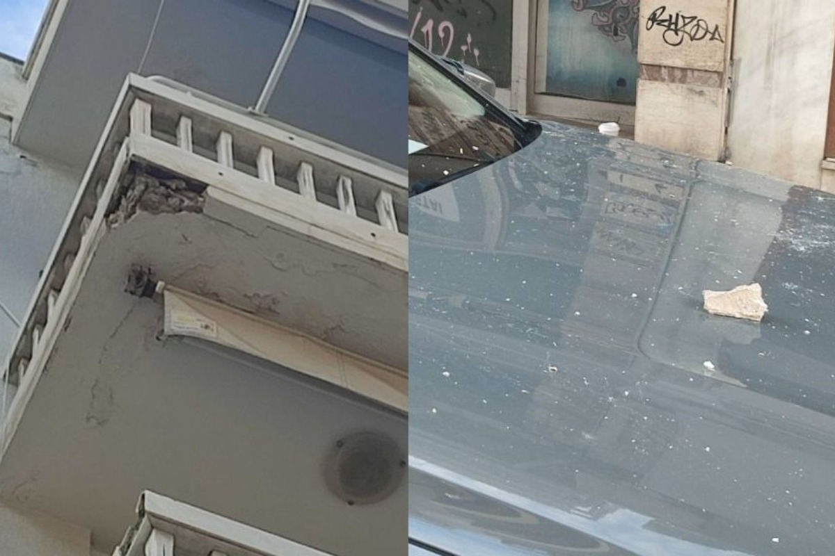 Βόλος: «Έβρεξε» σοβάδες στο κέντρο της πόλης - Τμήμα μπαλκονιού αποκολλήθηκε και έπεσε πάνω σε αμάξι
